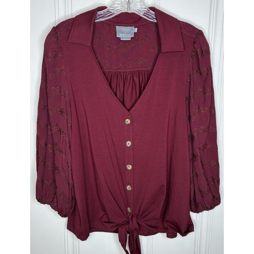 Anthropologie Vanessa Virginia Lenora top maroon embroidered balloon sleeve Sz M